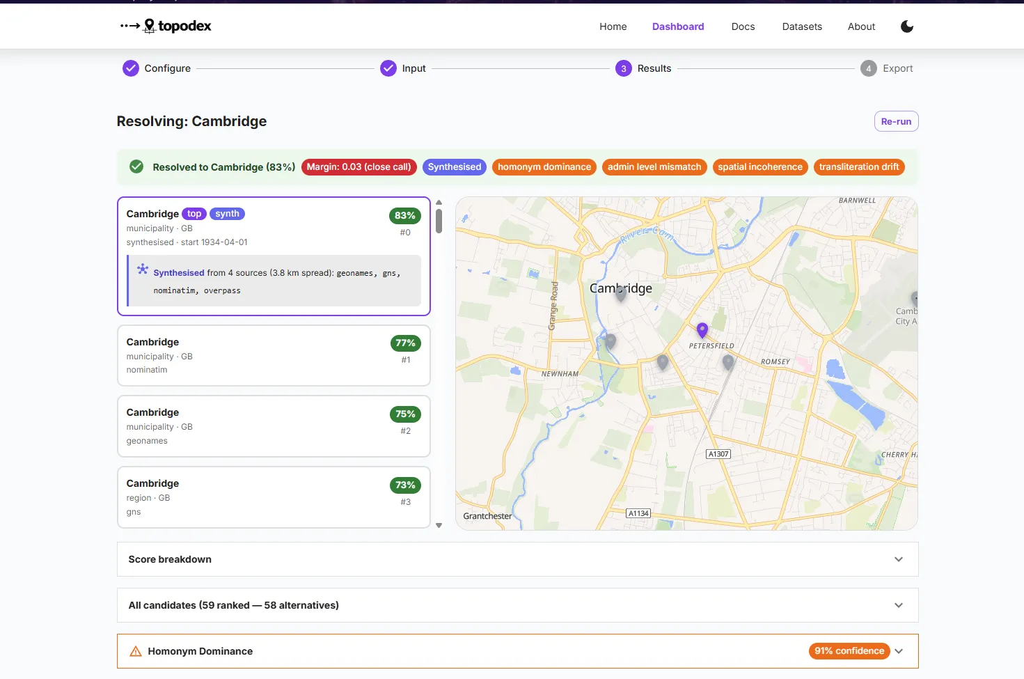 Resolving the name Cambridge, showing ranked candidates, a score breakdown panel, a homonym dominance flag and the chosen result on a map.
