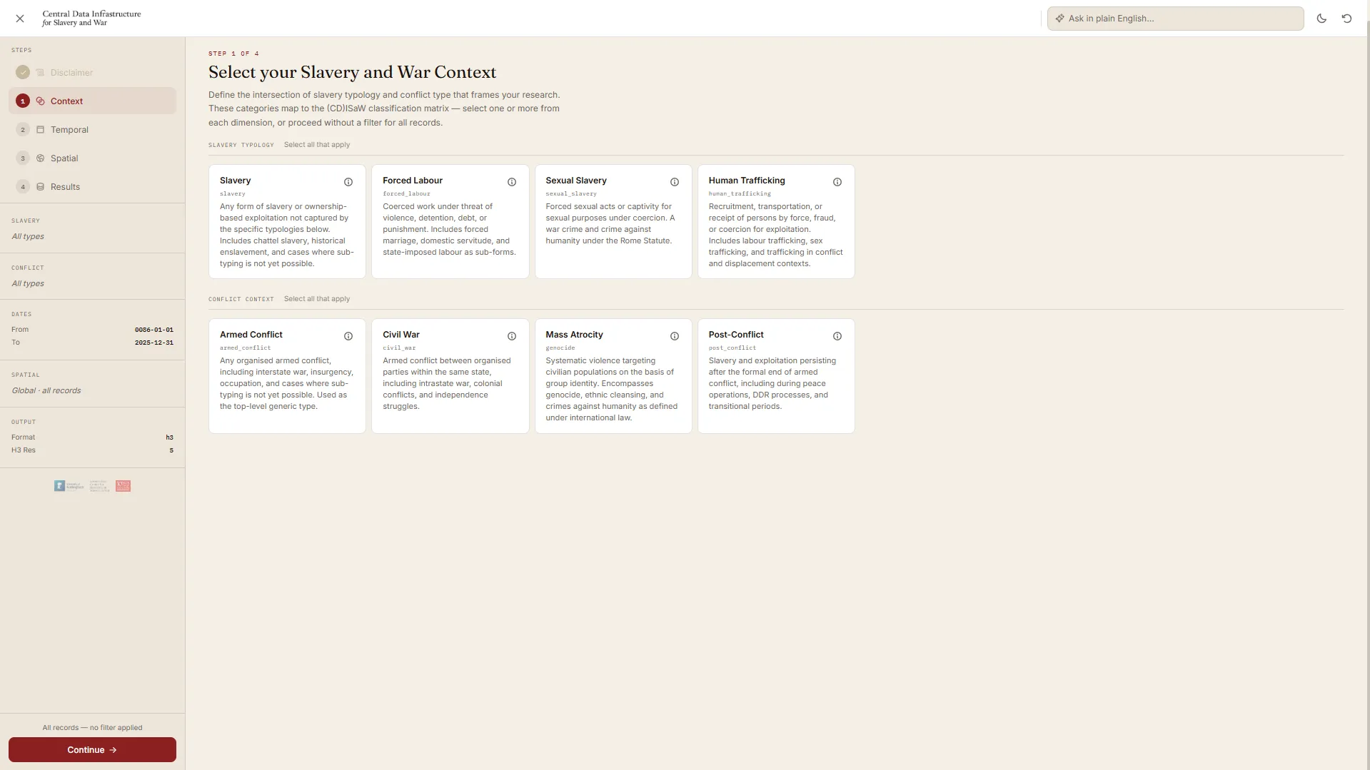 Step 1 of the query wizard, showing slavery typology and conflict context categories as selectable cards with definitions.