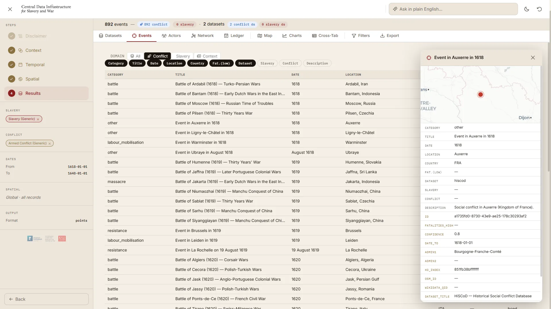 The event records view showing georeferenced events in a sortable table with source attribution.