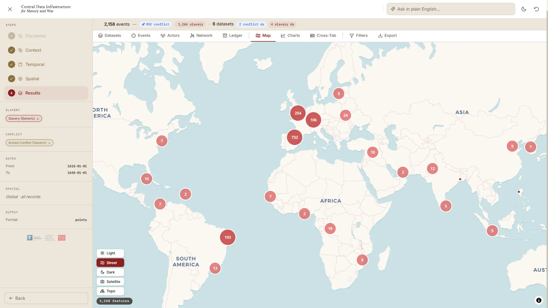 The map results view showing clustered event counts across Europe, Africa, the Americas and Asia for a 1618 to 1648 query.