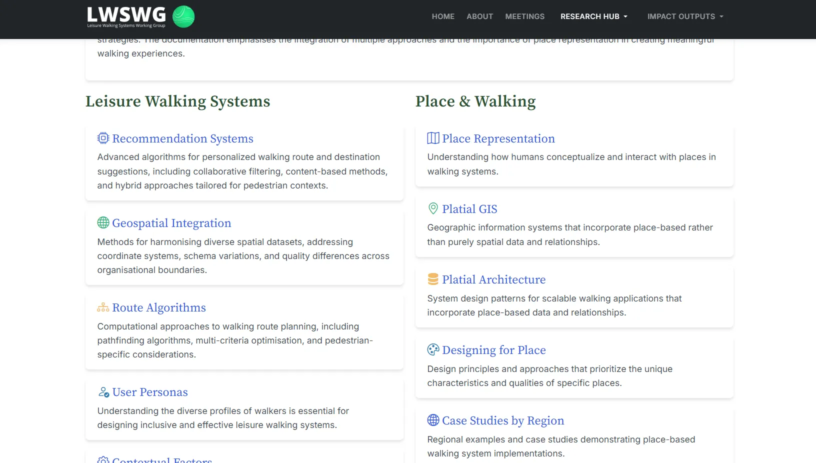 The LWSWG community research hub showing topic areas across leisure walking systems and place and walking.