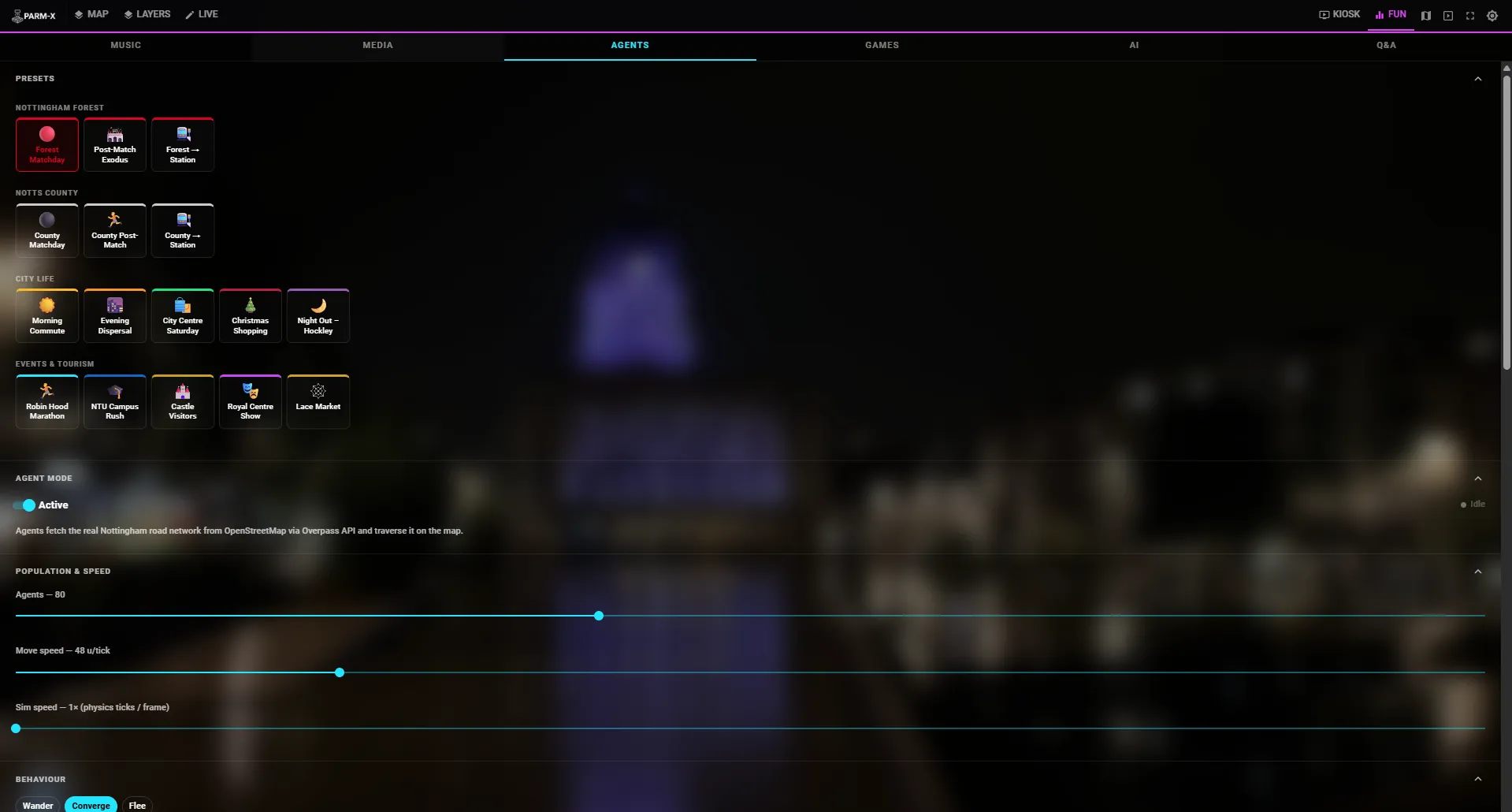 The agent simulation panel showing preset scenarios, agent configuration and road network controls.