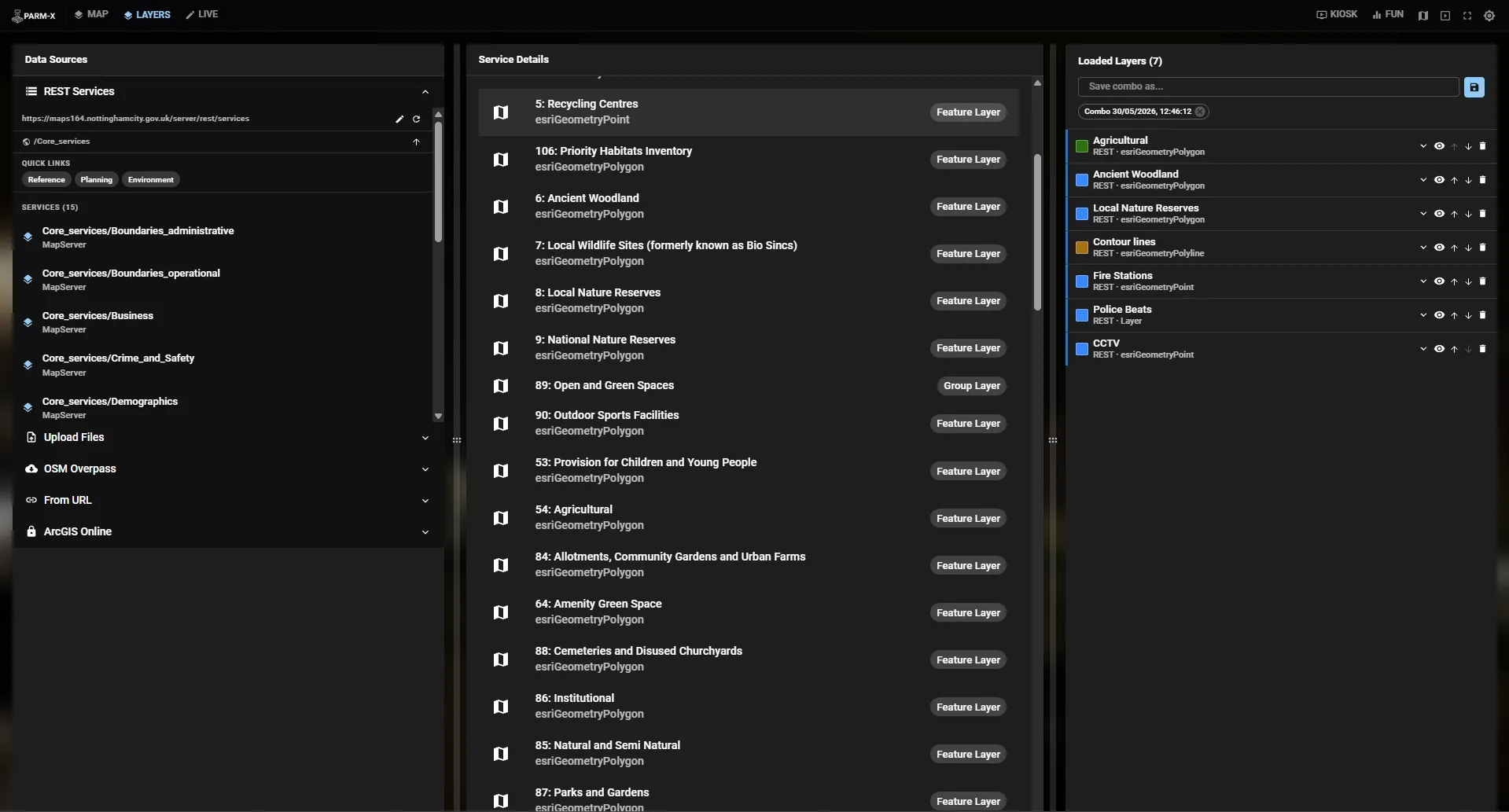 The PARM-X Controls interface showing the data sources panel, an ArcGIS REST service browser, and the active layer list with styling controls.