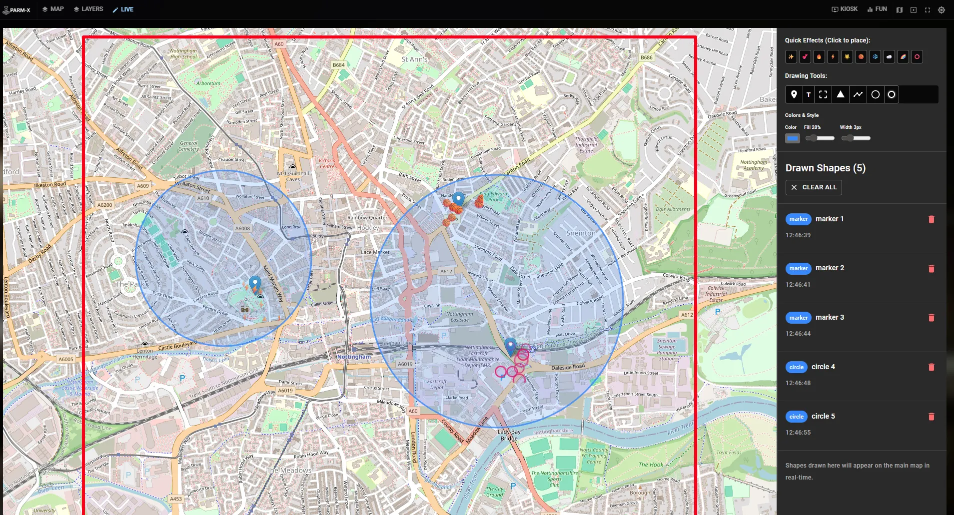The live drawing panel showing shapes drawn over Nottingham city centre with per-shape effect controls.