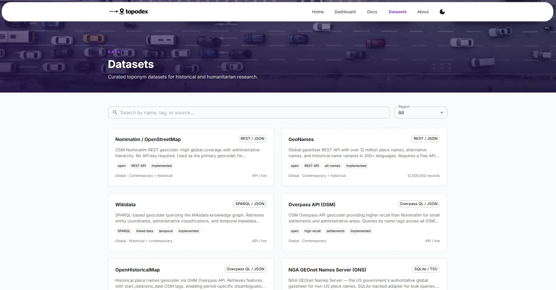 The datasets catalogue listing all nine geocoder backends with their coverage strengths and integration types.