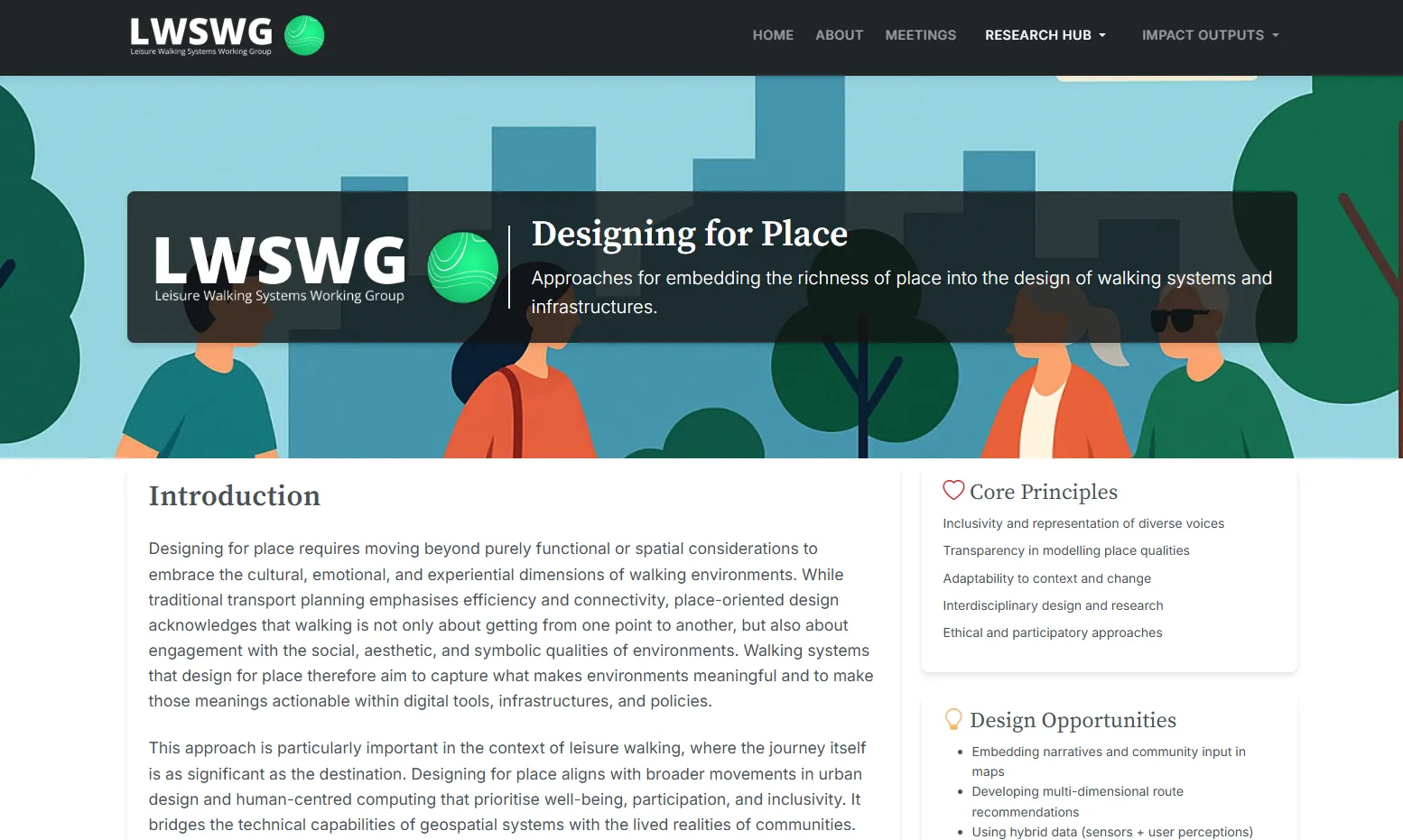 The Designing for Place framework page showing core principles and design opportunities.