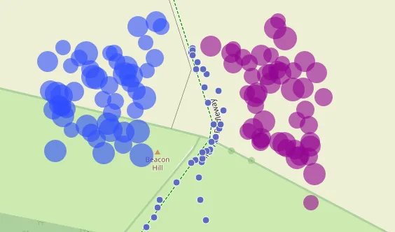 Overlapping translucent blue and magenta circles forming two soft-edged regions on a map beside a dashed walk trace.