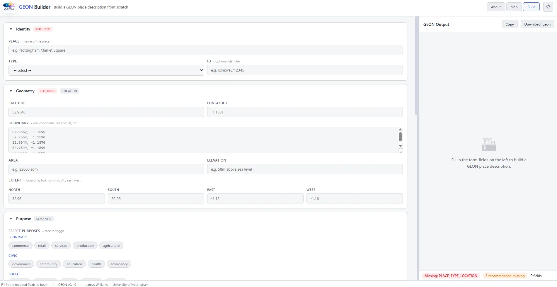 The GEON Builder web interface showing form-based construction of a place description with live validation.
