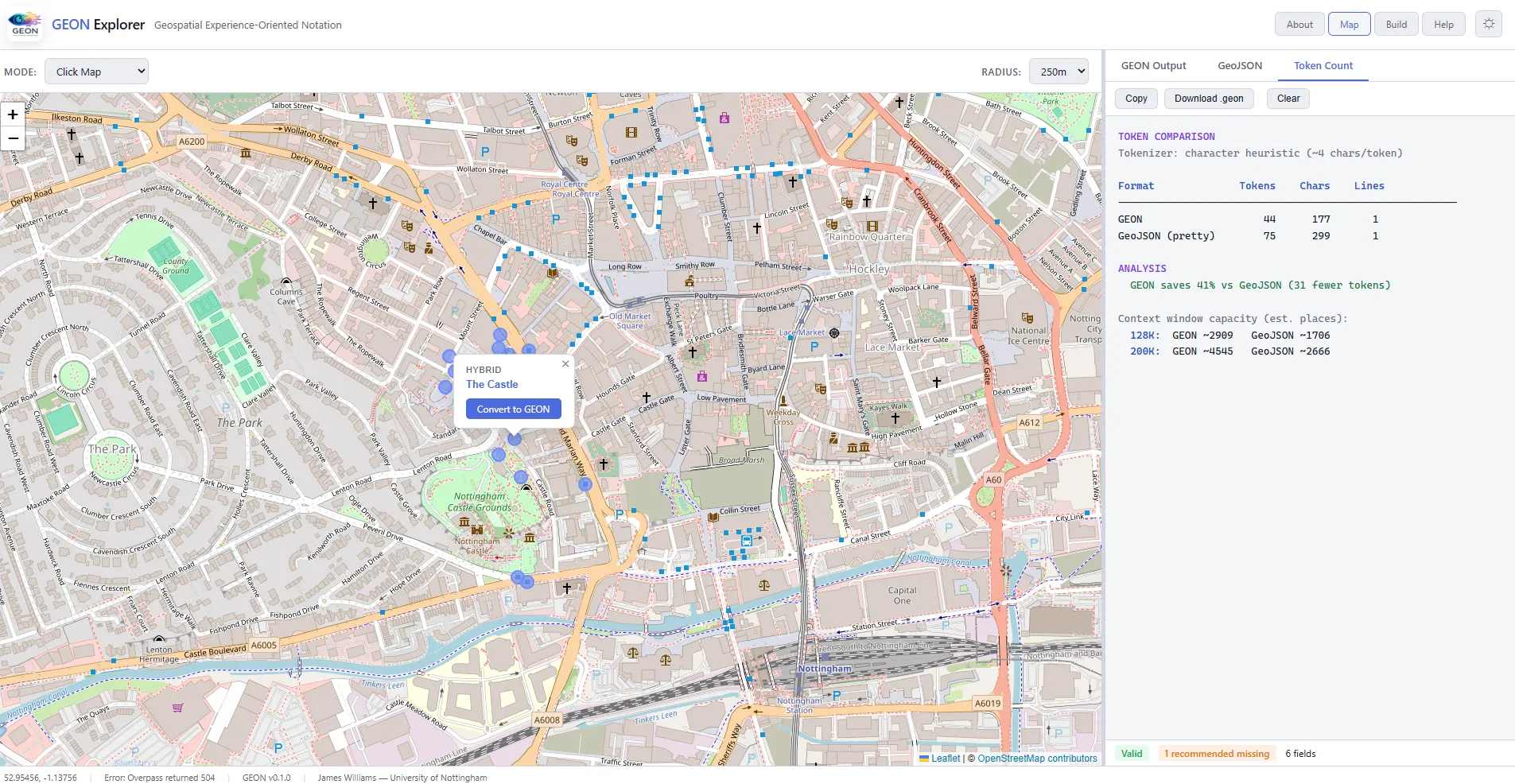 The GEON Explorer showing a token count comparison in which GEON uses significantly fewer tokens than GeoJSON for equivalent place descriptions.