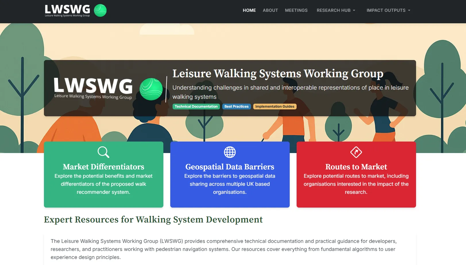 The LWSWG website homepage showing the working group's three focus areas.