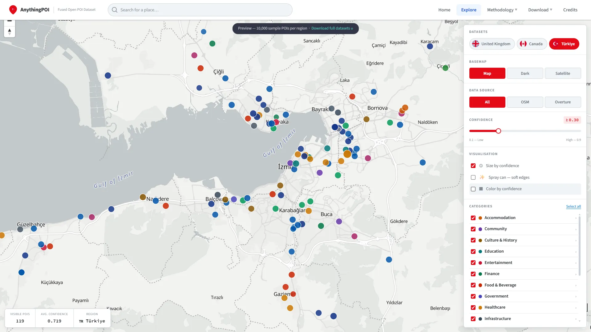 The AnythingPOI web interface showing the Türkiye dataset with category and attribute panels.