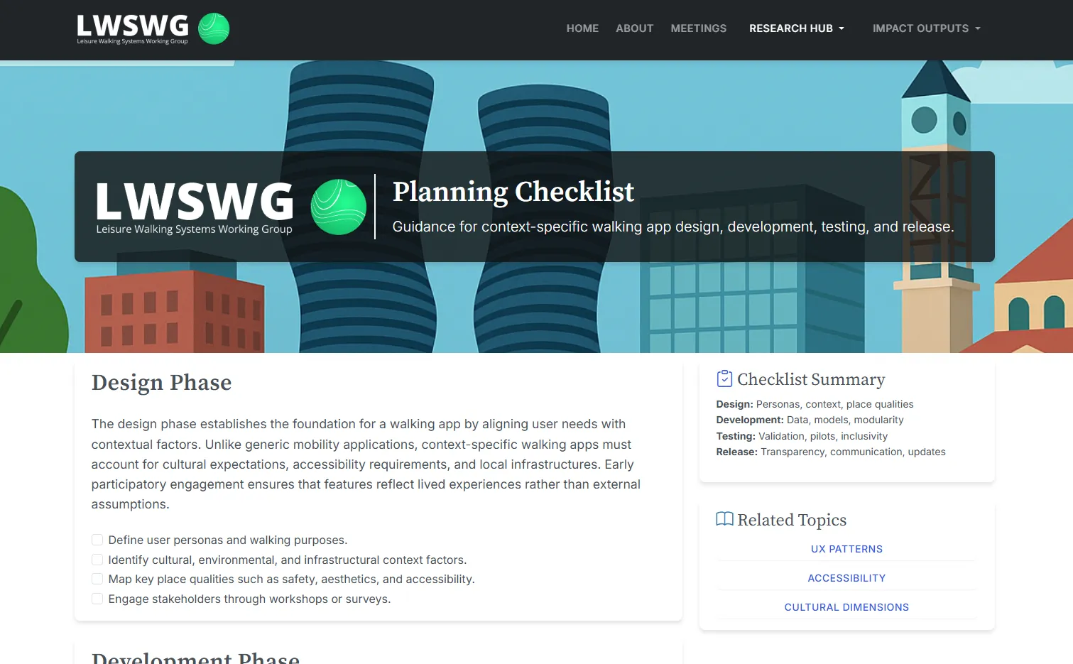 The LWSWG Planning Checklist showing design phase, development phase and checklist summary.
