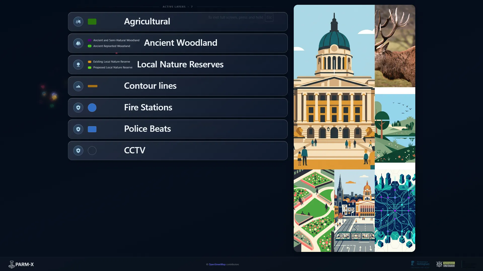 The PARM-X Presentation screen showing the active layer list with source types alongside Nottingham imagery.