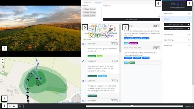 The WalkGIS interface with numbered panels showing video playback, a map with sprayed regions, transcript and analysis tabs, a word cloud, timestamped labelled transcript entries, and a settings sidebar.