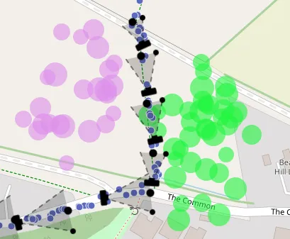 A walk trace on a map with camera view cones drawn along it and sprayed pink and green regions on either side.