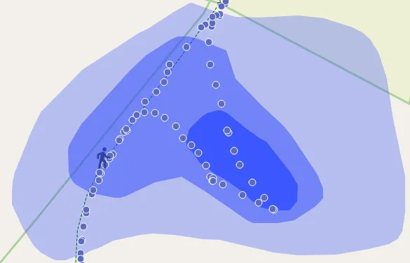 Nested translucent blue bands forming a graduated boundary around part of a walk trace.